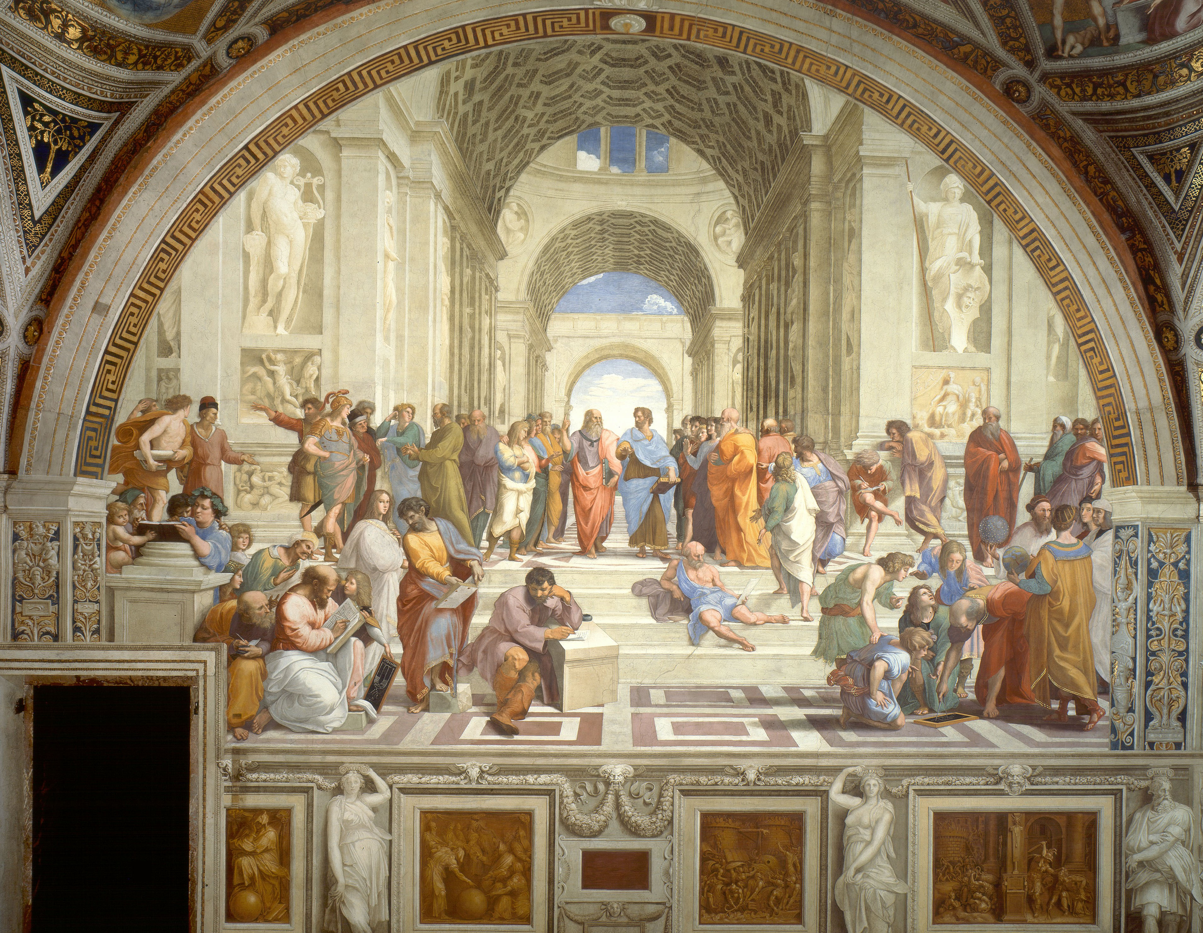 A Escola de Atenas, de Rafael — Platão e Aristóteles no centro da filosofia grega.