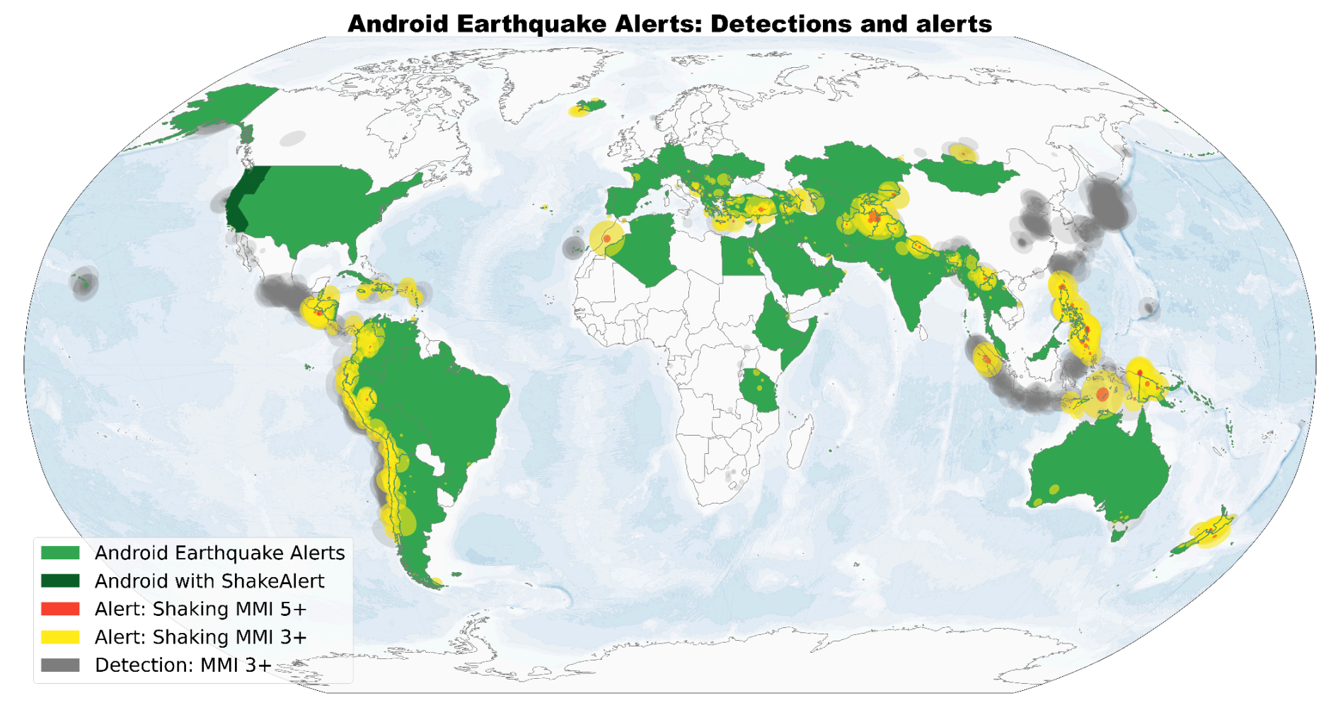 Mapa global da cobertura do sistema de alertas de terremoto do Android