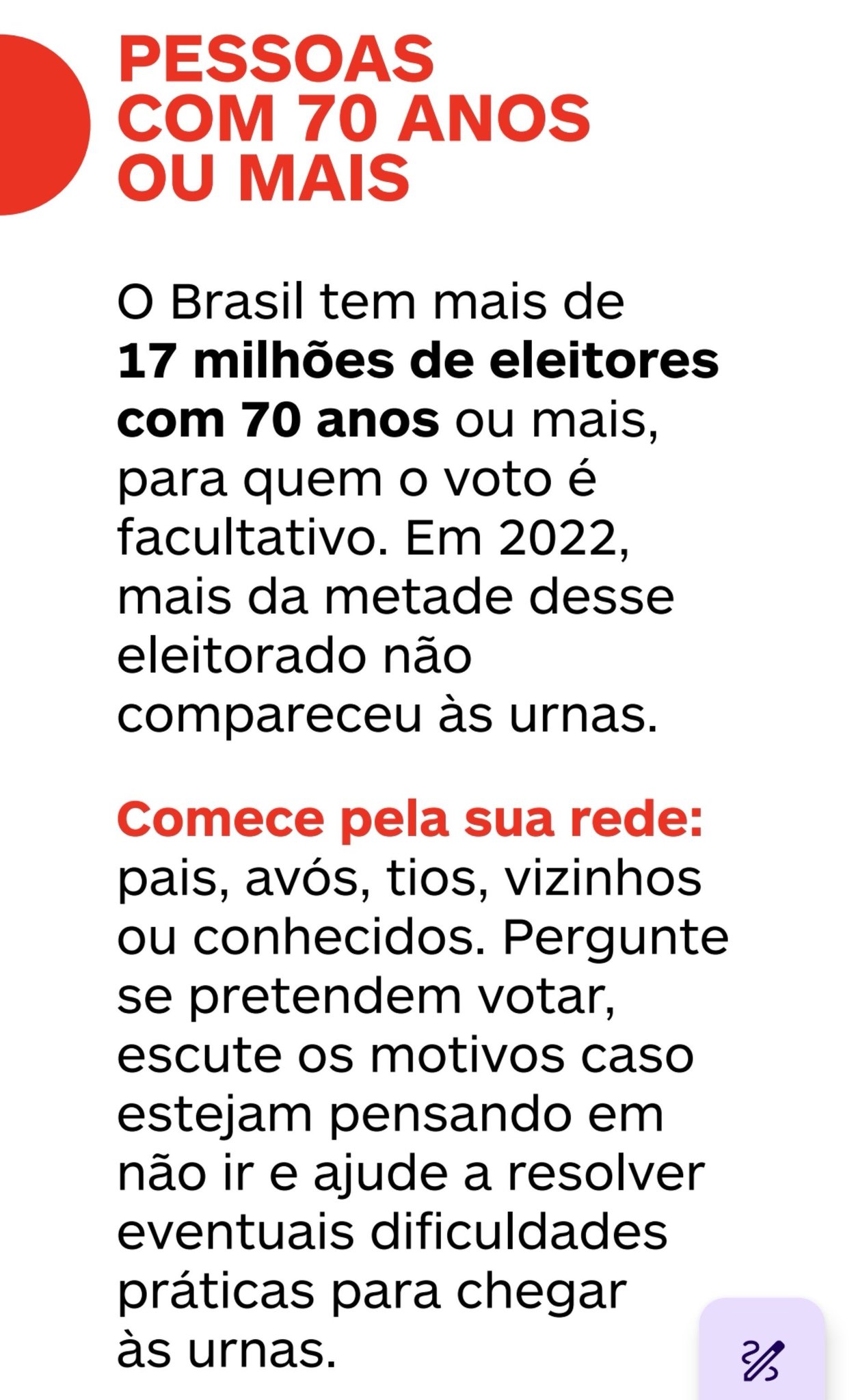 Página da cartilha sobre eleitores com 70 anos ou mais: destaca 17 milhões de eleitores nessa faixa e orienta começar pela própria rede.