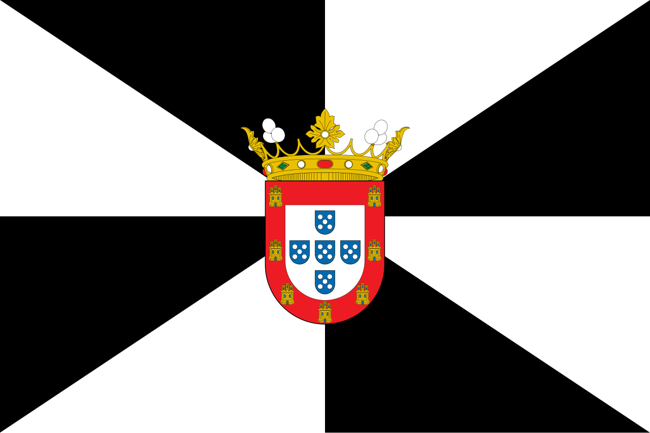 Bandeira de Ceuta: entrelaçado (girão) preto e branco com o escudo da cidade ao centro.