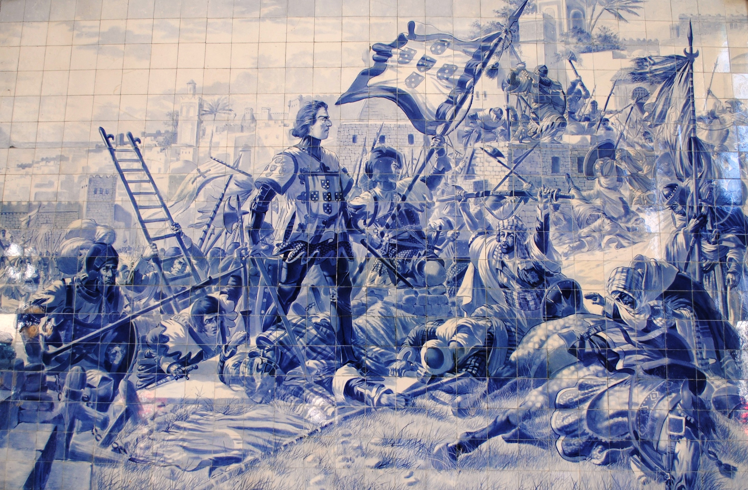 Painel de azulejos retratando o Infante Dom Henrique, o Navegador, durante a conquista de Ceuta em 1415.