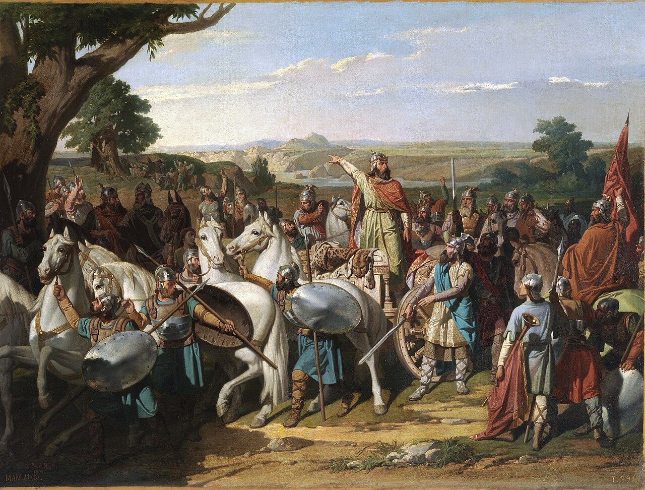 Pintura do rei visigodo Dom Rodrigo arengando suas tropas na Batalha de Guadalete, em 711.