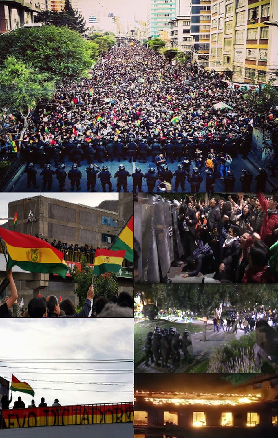Confronto entre manifestantes e forças de segurança nas ruas da Bolívia, 2026.