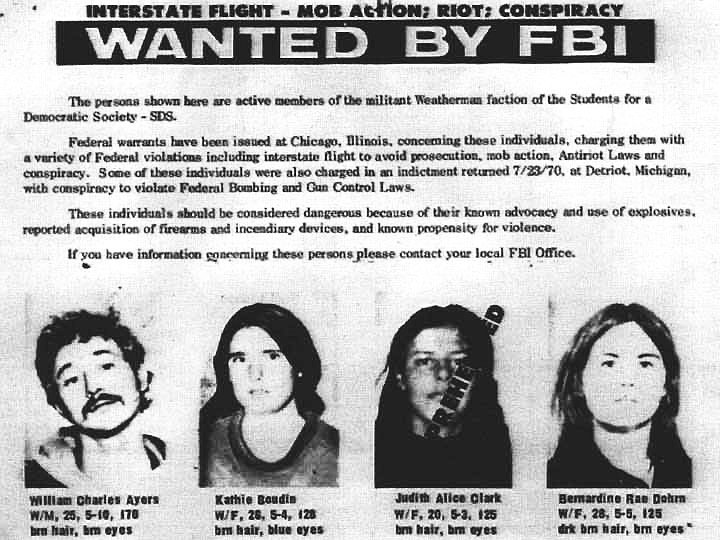 Cartaz de procurados do FBI com quatro líderes do Weather Underground