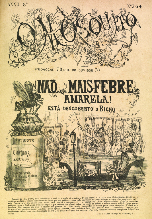 Capa da revista O Mosquito, século XIX, com a manchete 'Não mais febre amarela! Está descoberto o bicho'