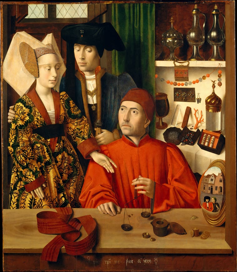 Pintura 'A Goldsmith in His Shop', de Petrus Christus (1449): um ourives sentado ao balcão pesa ouro numa balança, com moedas, anéis e clientes ao lado.
