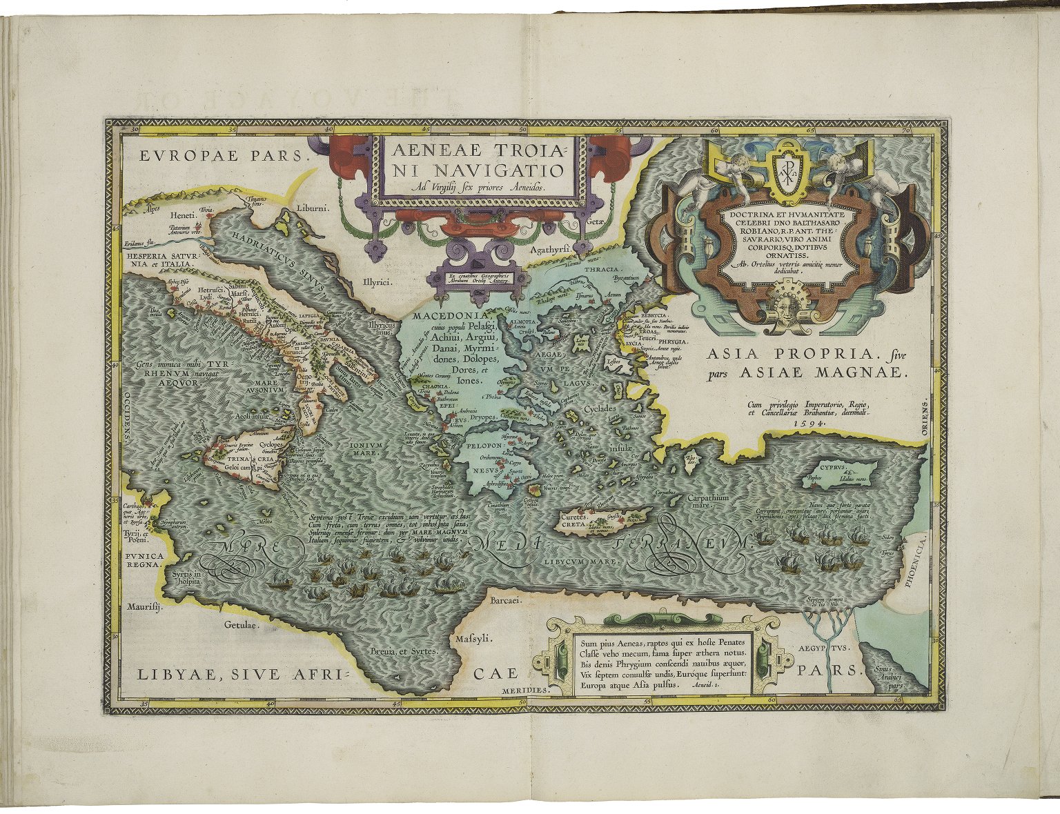 Mapa da viagem de Eneias, de Troia à Itália, passando por Cartago