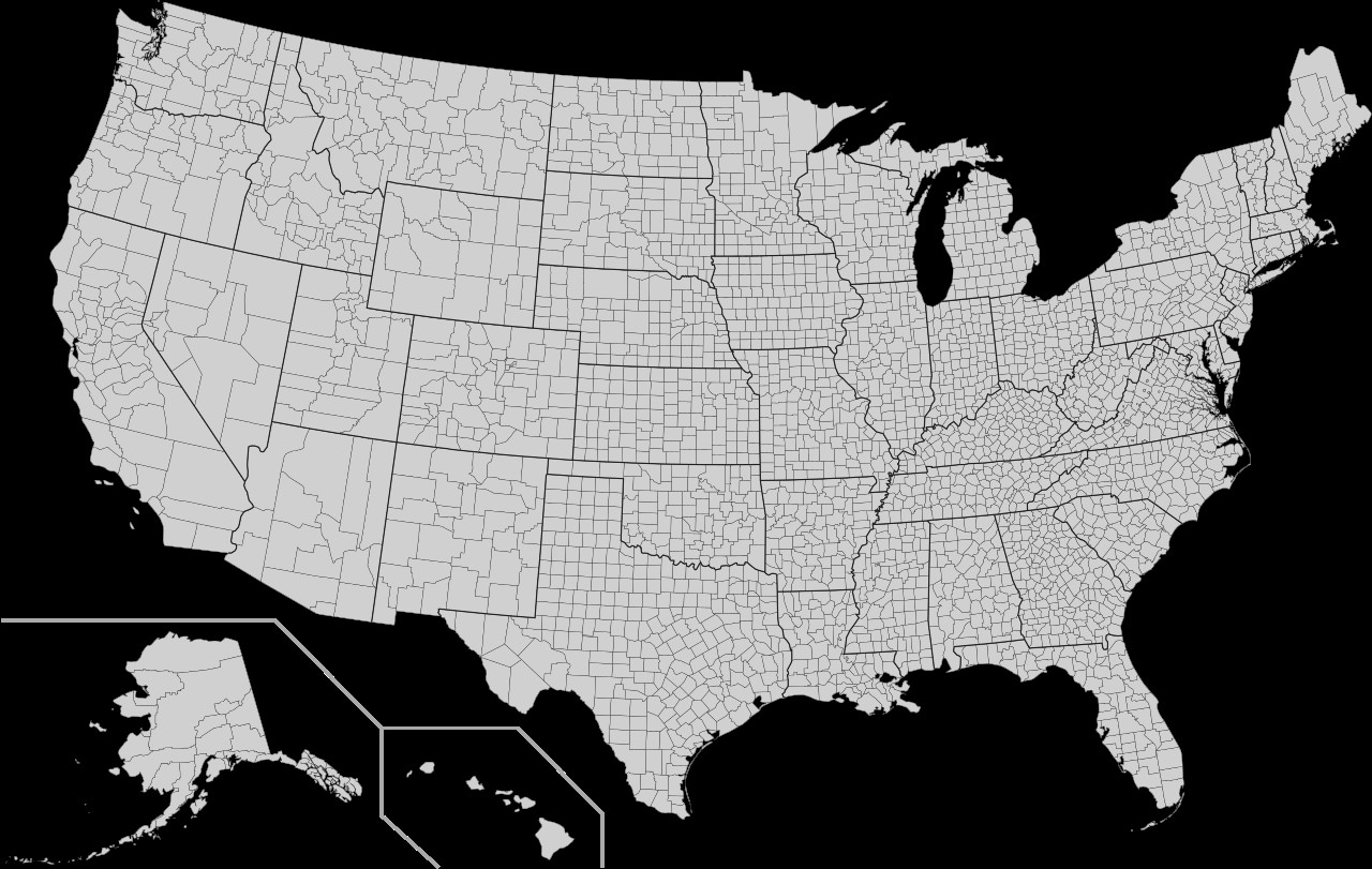 Mapa dos Estados Unidos dividido em seus mais de três mil condados.