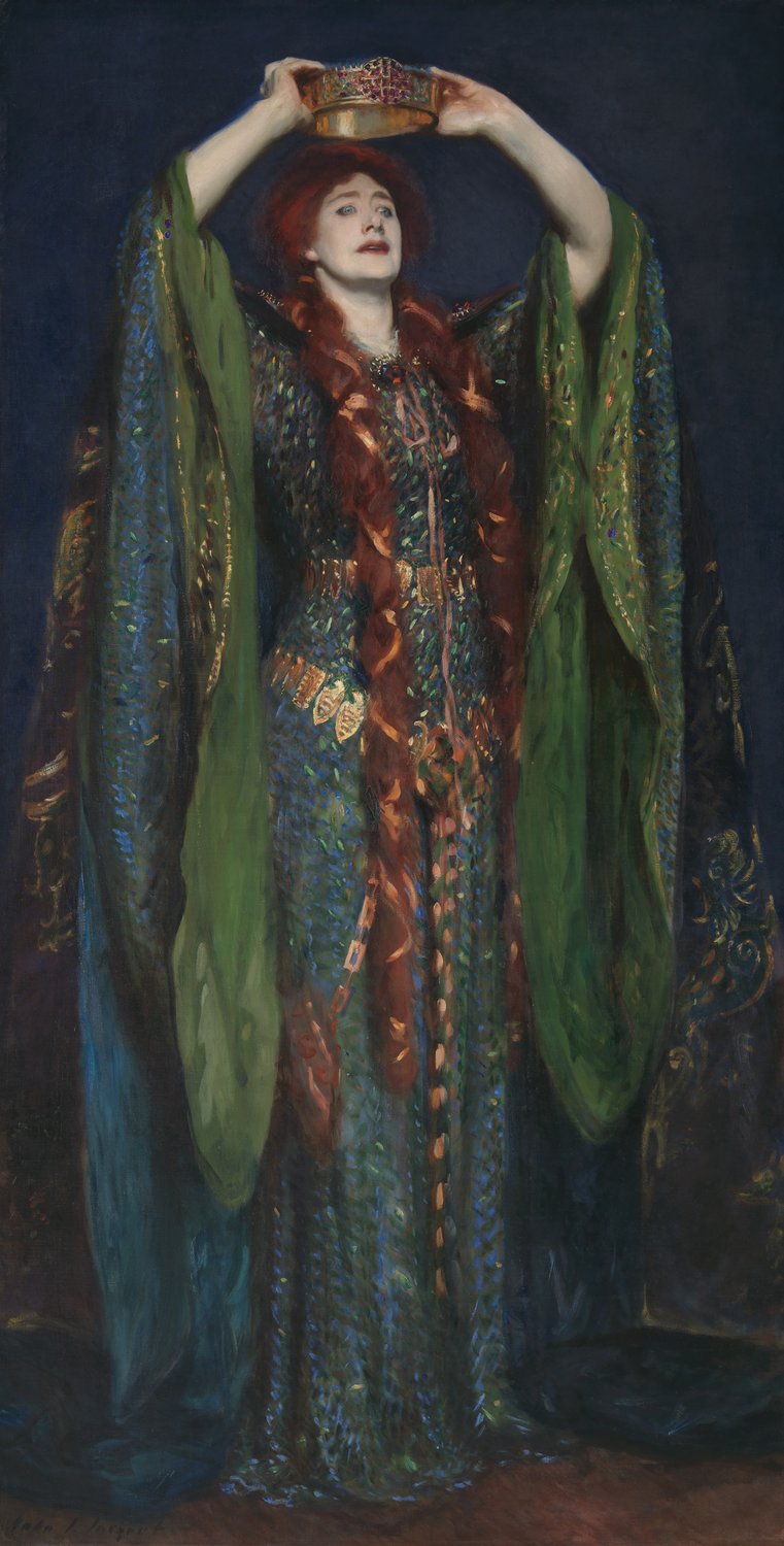 A atriz Ellen Terry no papel de Lady Macbeth, retrato de John Singer Sargent de 1889, vestido esverdeado erguendo a coroa acima da cabeça.