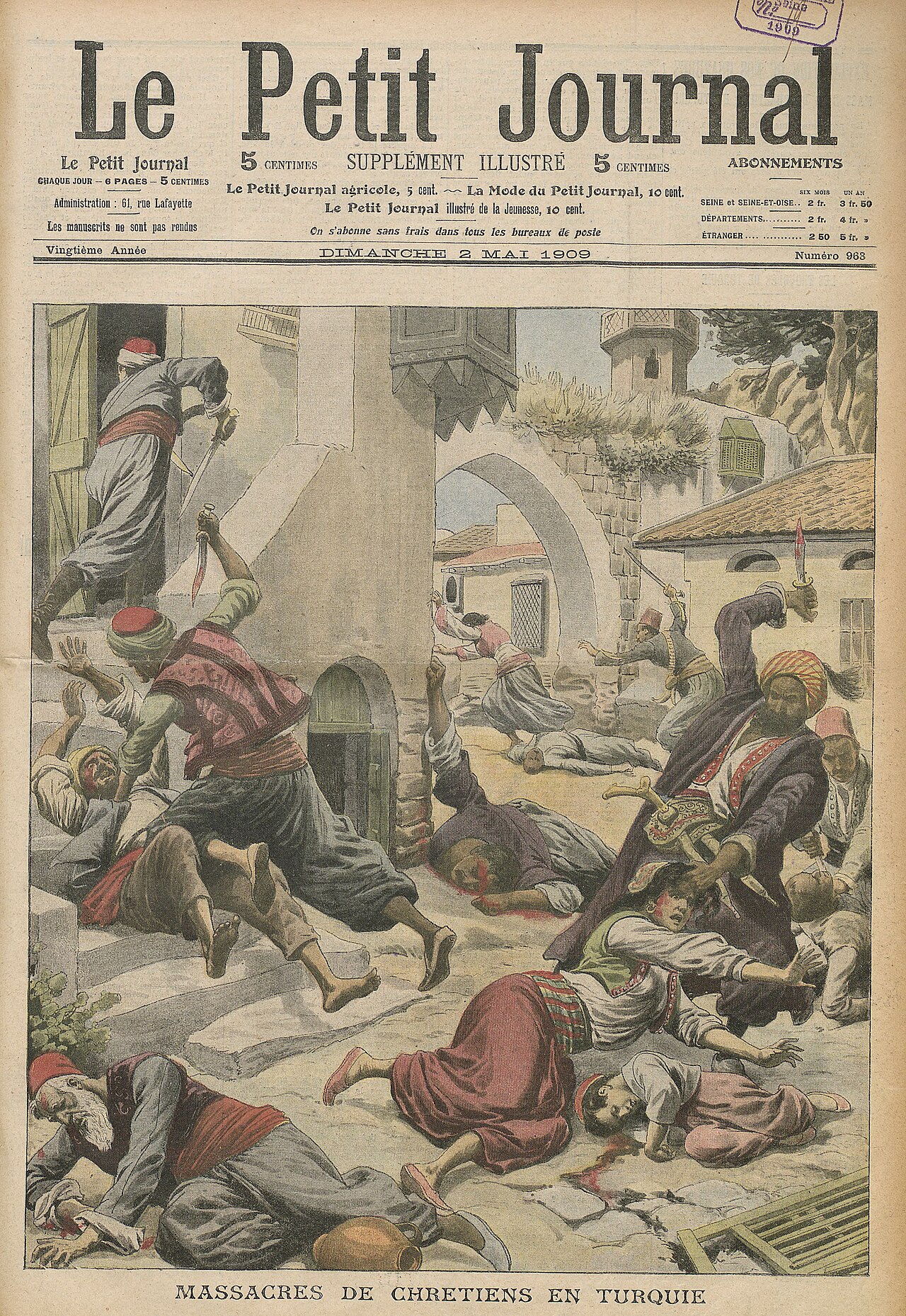 Capa do Le Petit Journal de 2 de maio de 1909, 'Massacres de chrétiens en Turquie', retratando o massacre de Adana.