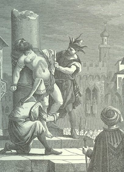 Gravura do esfolamento de Marcantonio Bragadin em Famagusta, 1571: o veneziano amarrado nu a uma coluna, um carrasco iniciando o suplício, a cidade ao fundo.
