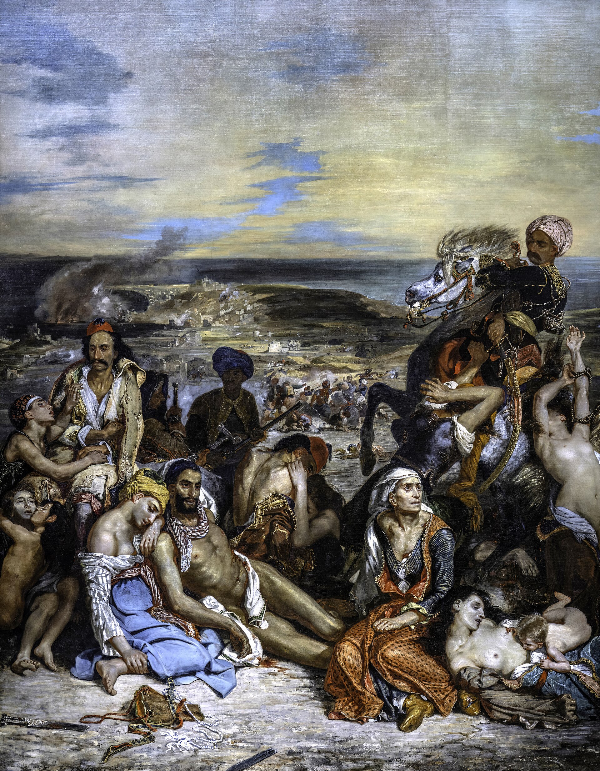 Cenas dos massacres de Quios, tela de Eugène Delacroix (1824) — capa do dossiê sobre as atrocidades otomanas contra os gregos.