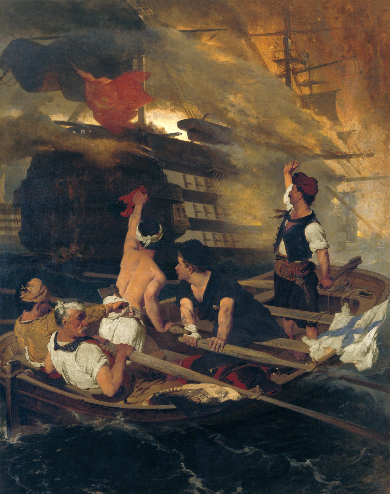 A queima da nau capitânia otomana por Kanaris, pintura: o navio em chamas no mar à noite, iluminando o céu.