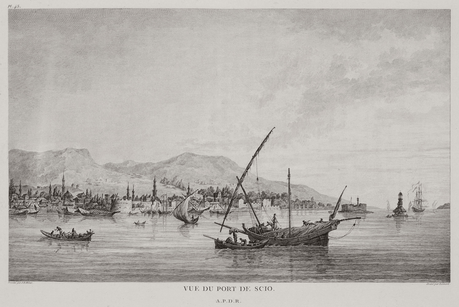 Vista do porto de Quios em 1782, gravura de Choiseul-Gouffier: a cidade e as embarcações no porto, quatro décadas antes do massacre.