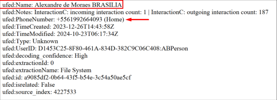 Cartão forense do contato: nome 'Alexandre de Moraes BRASILIA', número +5561992664093, criado em 26/12/2023, com 187 interações registradas.