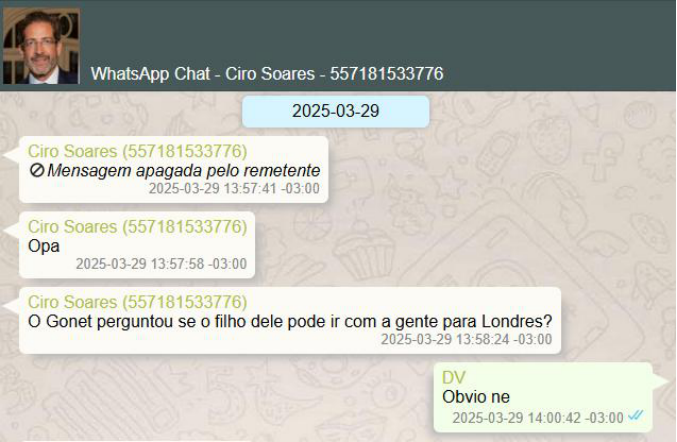 Ciro Soares a Vorcaro: 'O Gonet perguntou se o filho dele pode ir com a gente para Londres?' — resposta: 'Obvio ne'.