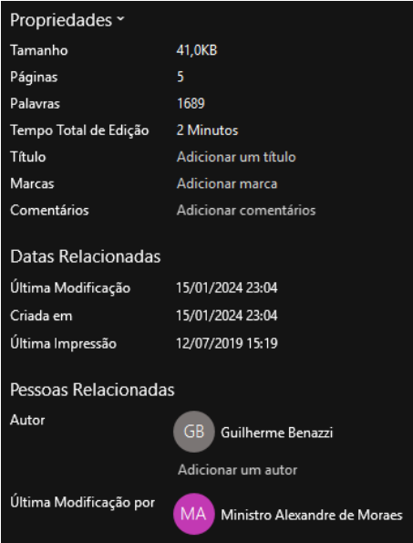 Painel de propriedades do arquivo do contrato: última modificação em 15/01/2024 23:04, autor Guilherme Benazzi, 'Última Modificação por' Ministro Alexandre de Moraes.