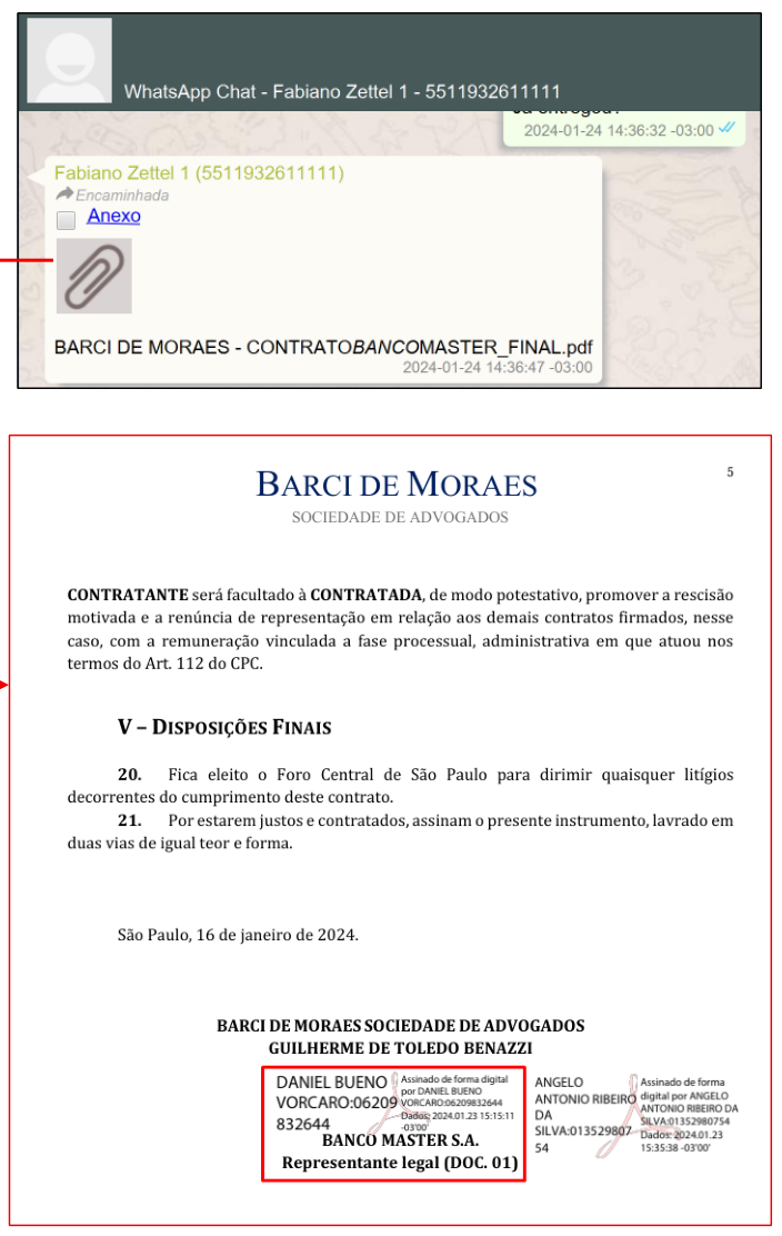Página de assinatura do contrato entre Banco Master e Barci de Moraes, São Paulo, 16 de janeiro de 2024, assinado digitalmente por Daniel Bueno Vorcaro em 23/01/2024.
