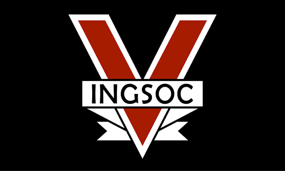 Emblema do Ingsoc, o partido de '1984', de George Orwell — o 'V' vermelho com a faixa INGSOC. Capa do dossiê sobre o caso Vorcaro / Banco Master.