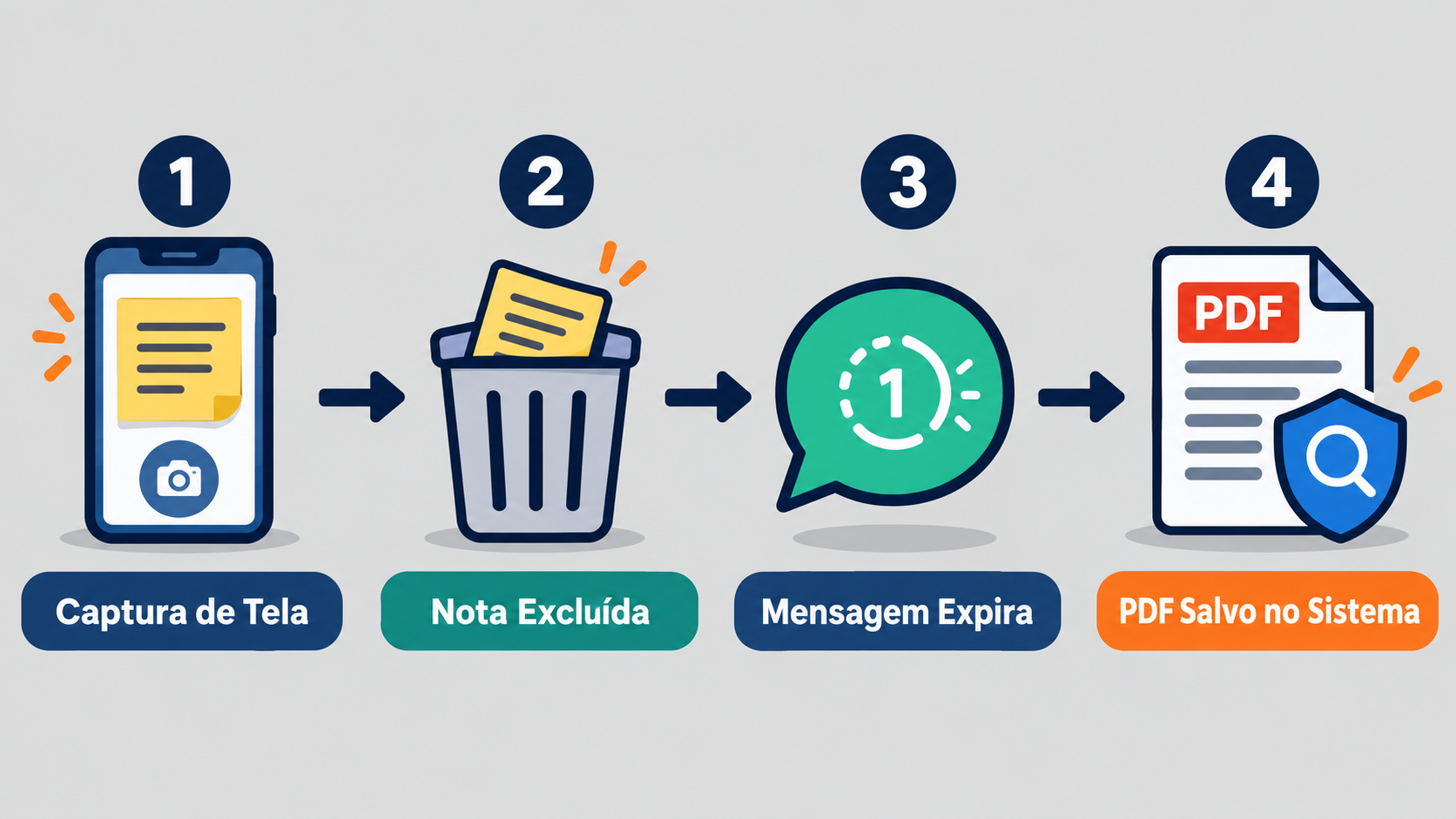 Infográfico em quatro estágios: 1) captura de tela; 2) nota excluída; 3) mensagem de visualização única expira; 4) o PDF permanece salvo no sistema.