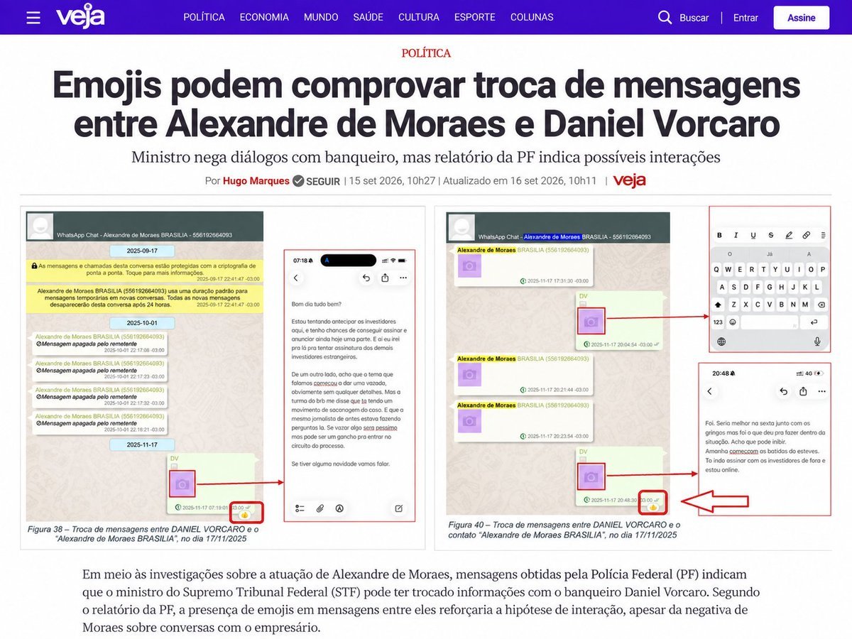 Reprodução da Veja das Figuras 38 e 40 do relatório da PF: conversas de WhatsApp entre 'DANIEL VORCARO' e o contato 'Alexandre de Moraes BRASILIA', com setas vermelhas ligando cada mídia ao texto recuperado do bloco de notas e um emoji de joinha no canto da mídia enviada por Vorcaro.