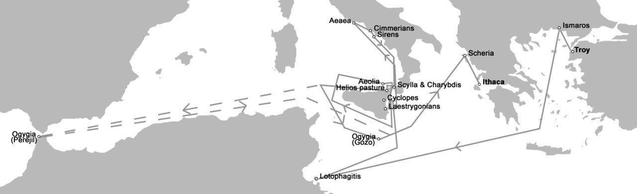 Mapa da viagem de Ulisses pelo Mediterrâneo