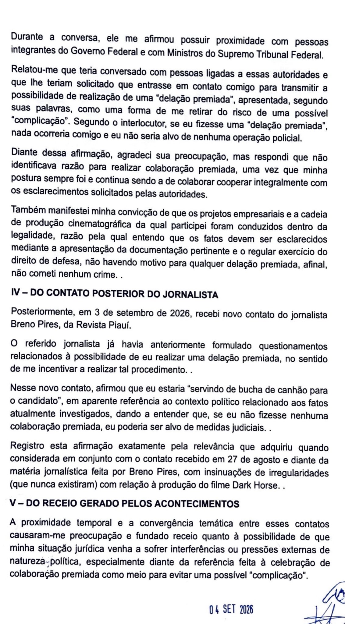 Segunda página da declaração, com o relato sobre o pastor e sobre o jornalista
