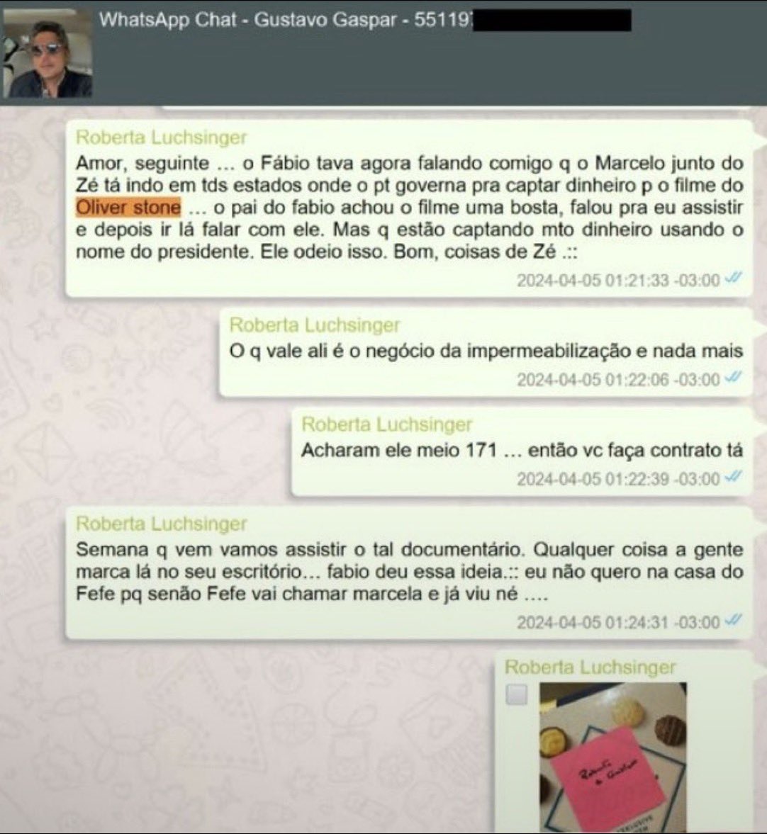 Print de conversa de WhatsApp de Roberta Luchsinger: relato sobre captação de dinheiro para o filme de Oliver Stone nos estados governados pelo PT.