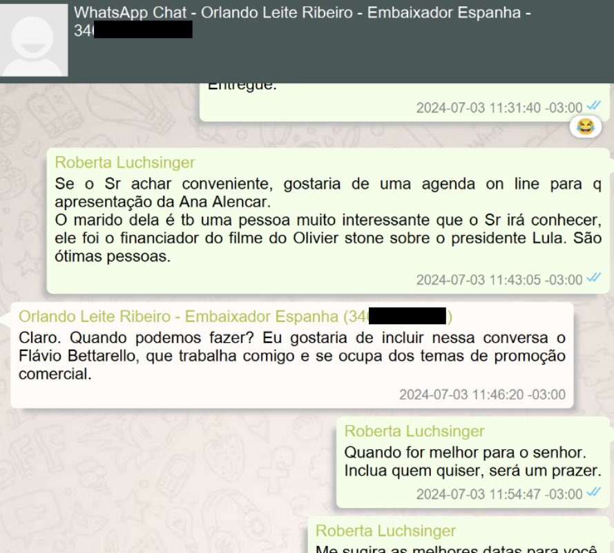 Print de conversa de WhatsApp com o embaixador na Espanha: Roberta apresenta o financiador do filme.