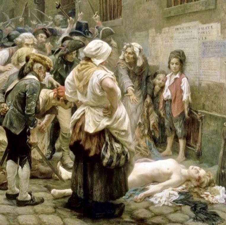 A morte da princesa de Lamballe (tela de Léon-Maximilien Faivre, 1908): a turba e o corpo caído diante da prisão de La Force durante os Massacres de Setembro de 1792.
