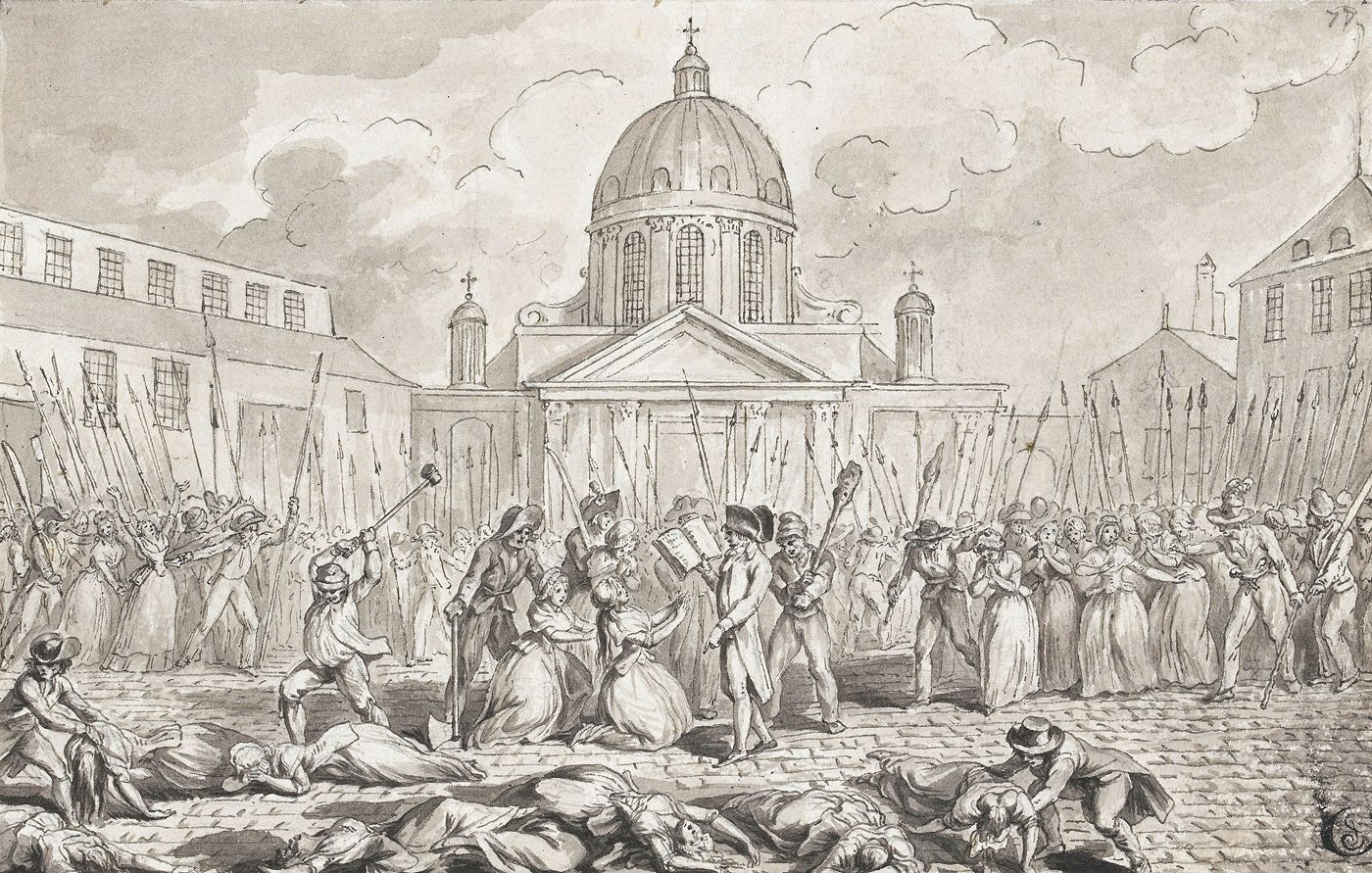Gravura de época da invasão da prisão-hospício da Salpêtrière durante os massacres de setembro.