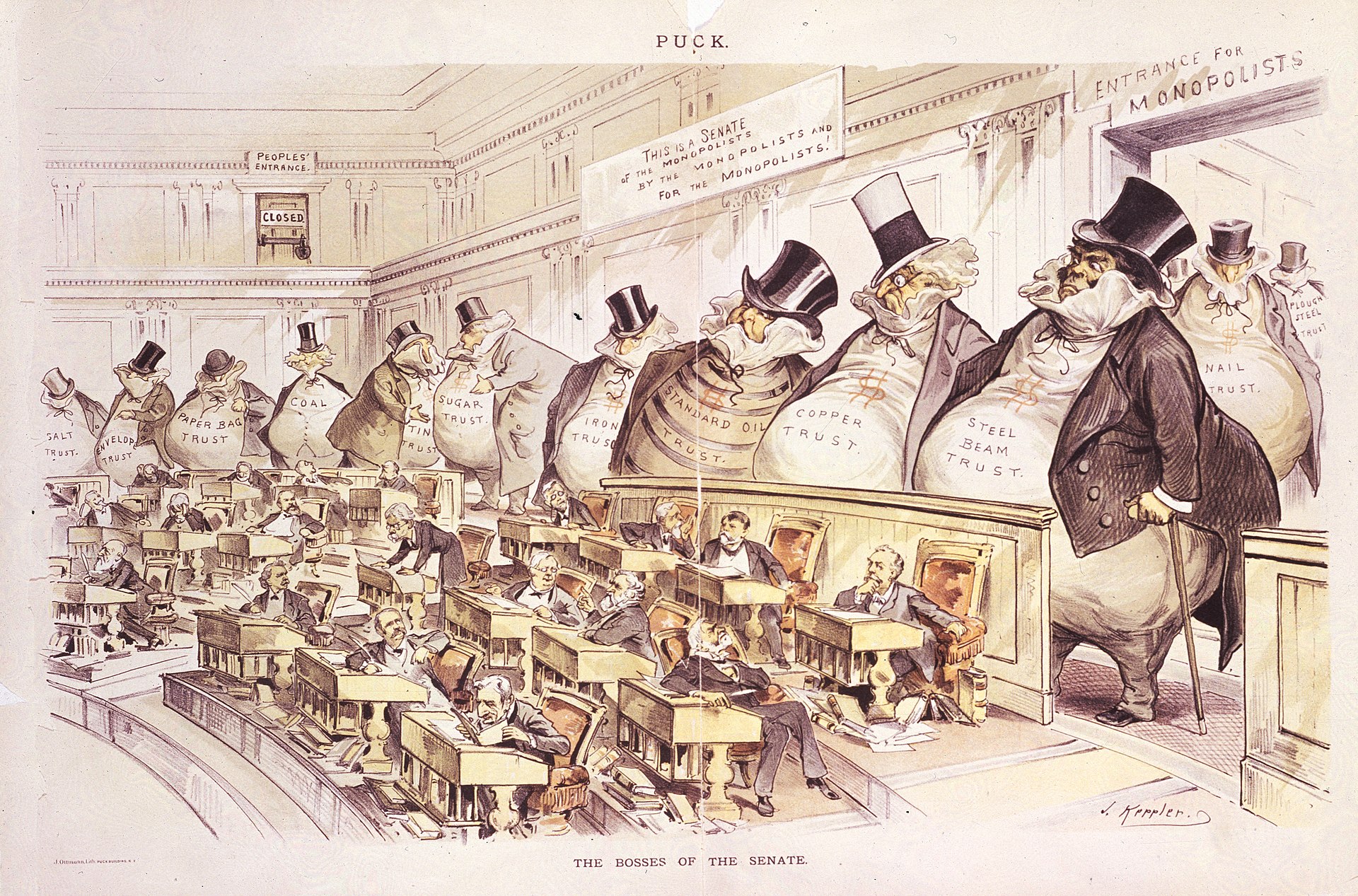 Charge 'The Bosses of the Senate', de Joseph Keppler (1889): trustes gigantes, entre eles o do açúcar, dominando o Senado dos EUA.