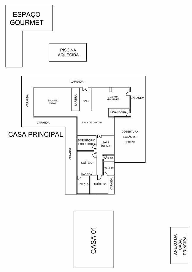 Croqui Esquemático 1 do Laudo 0392/2016 da Polícia Federal — Disposição dos cômodos da Casa Principal e posição relativa do Espaço Gourmet e da piscina.