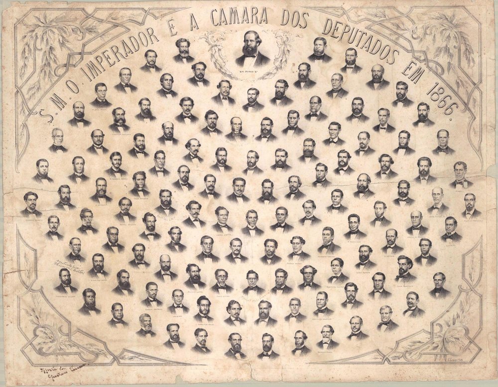 Gravura de época: o Imperador e a Câmara dos Deputados reunidos em sessão, 1866
