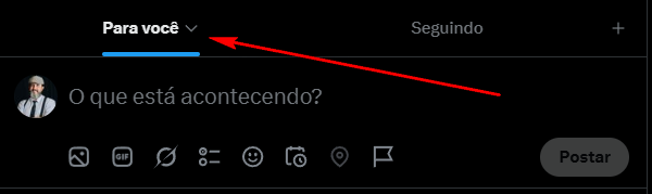 Topo do X mostrando a aba 'Para você' destacada, com uma seta vermelha apontando para ela, ao lado da aba 'Seguindo'.